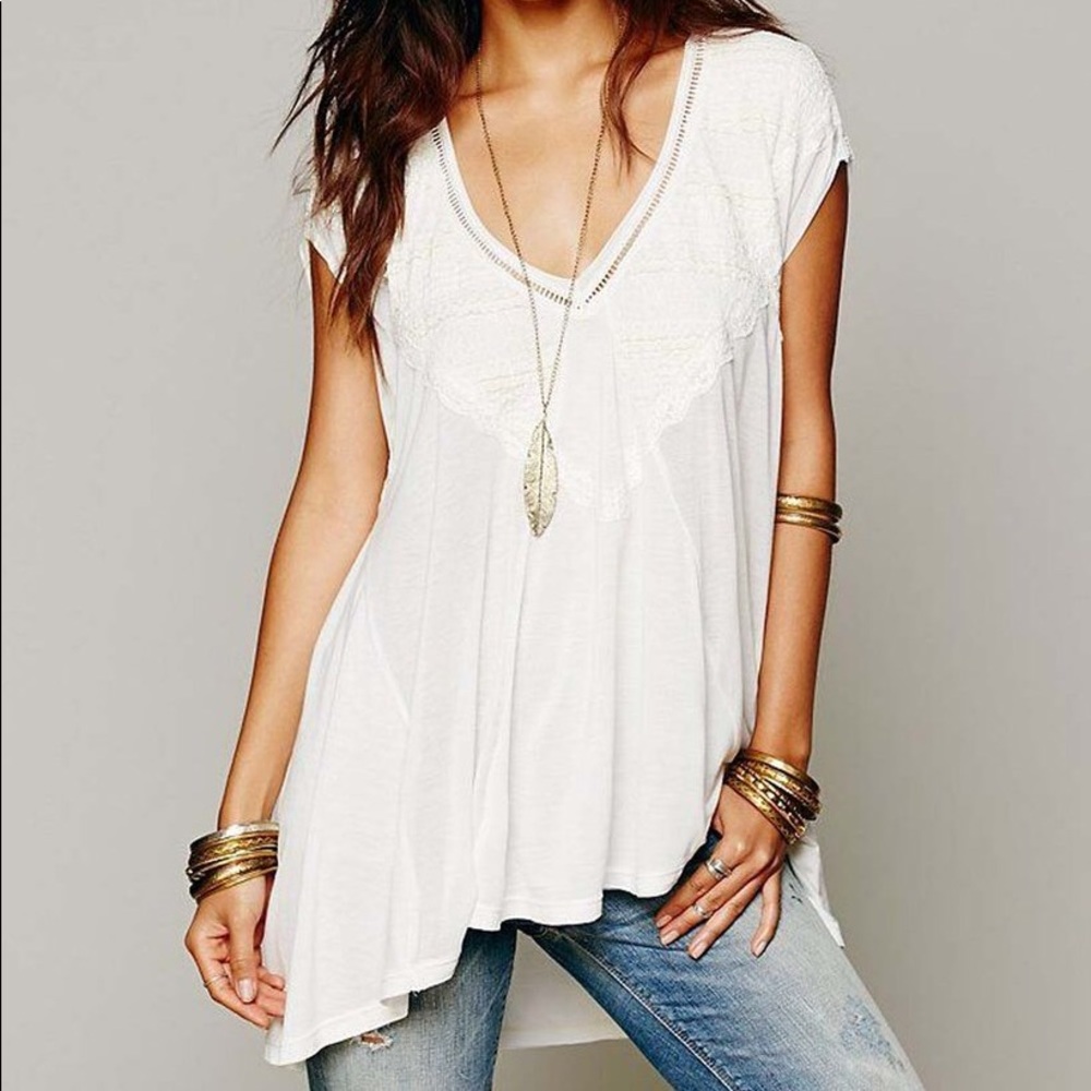 Free People Abigail Lace Details Swing Top Ivory